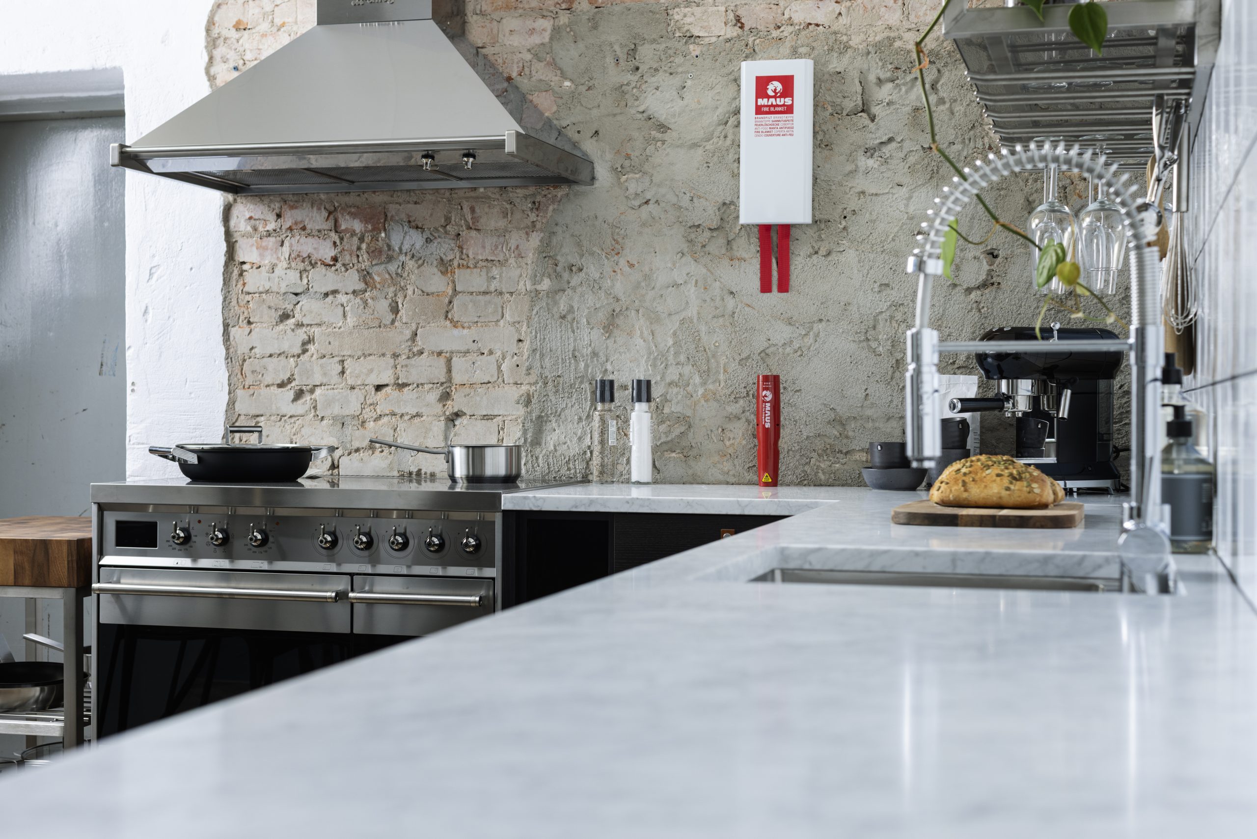 MAUS fire extinguishers in a kitchen.